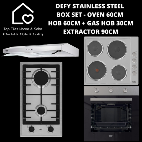 Defy Stainless Steel Box Set - Oven 60cm + Hob 60cm + Gas Hob 30cm + Extractor 90cm