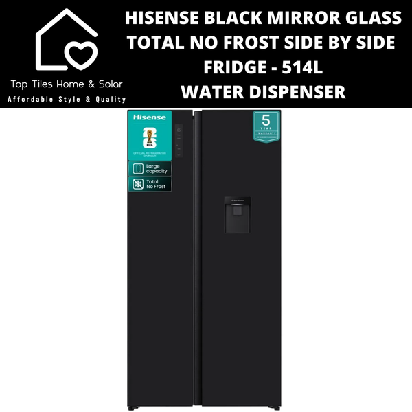 Hisense Black Mirror Glass Total No-Frost Side by Side Fridge - 514L Water Dispenser