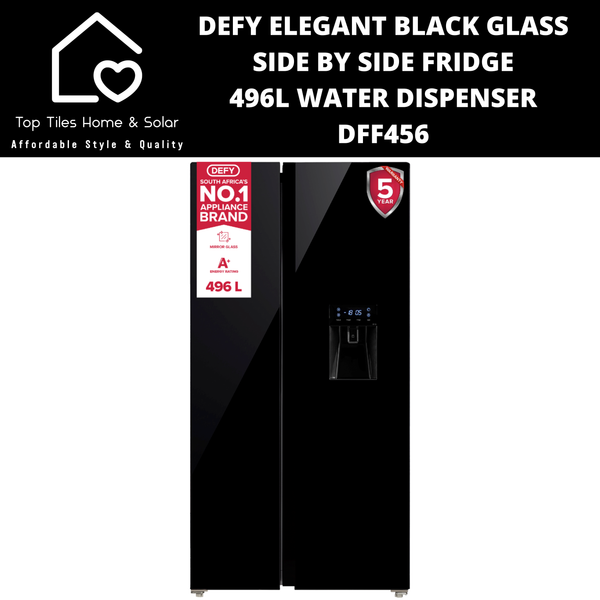 Defy Elegant Black Glass Side by Side Fridge - 496L Water Dispenser DFF456
