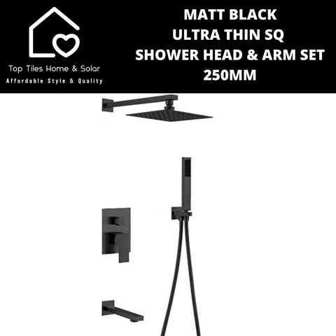 Matt Black Ultra Thin Square Shower Head & Arm Set - 250mm