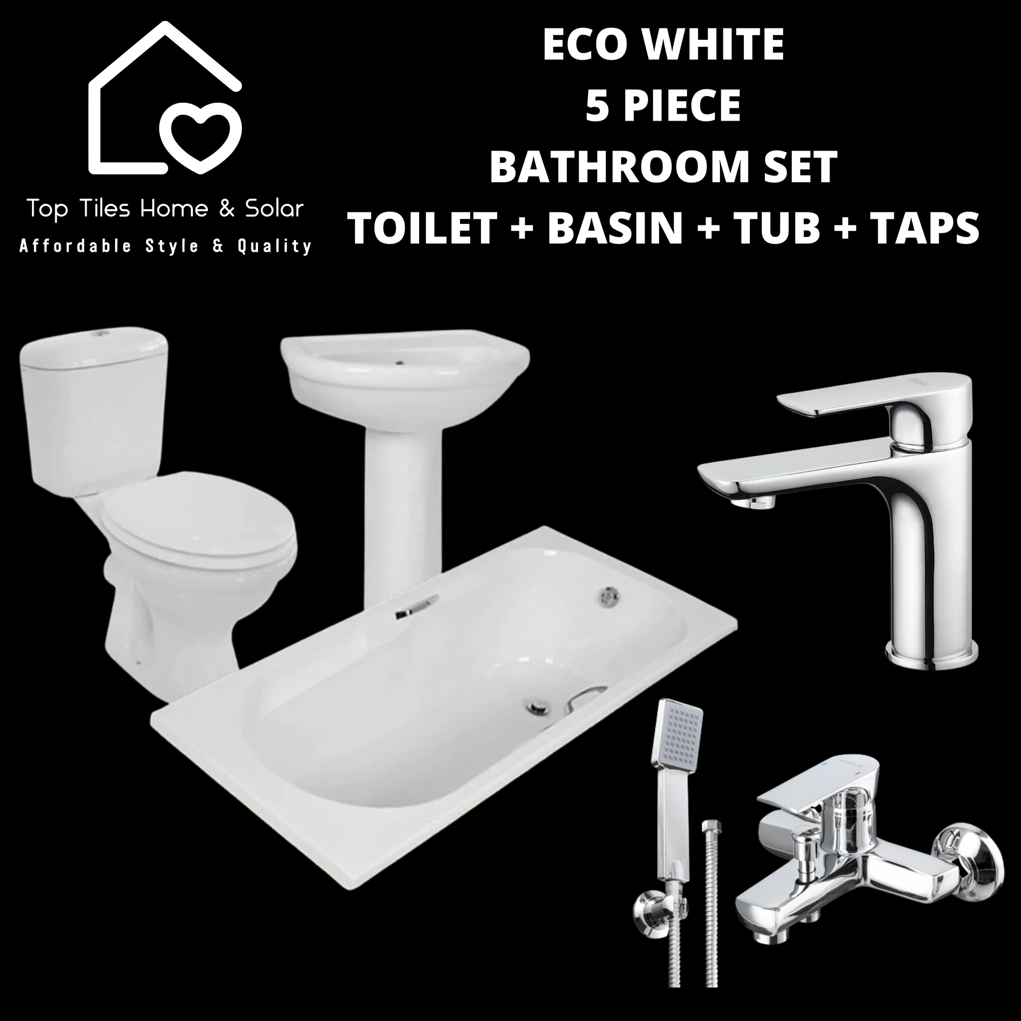 White Ceramic 5 Piece Round Bathroom Set - Basin + Toilet + Bathtub + Taps