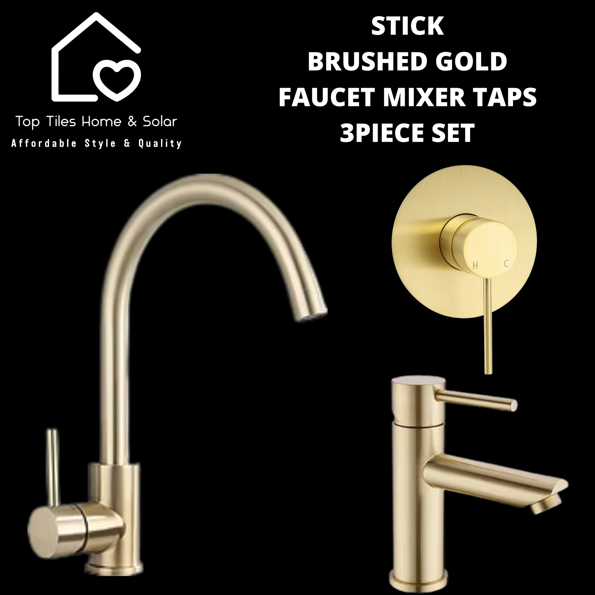 Stick Brushed Gold Faucet Mixer Tap 3Piece Set