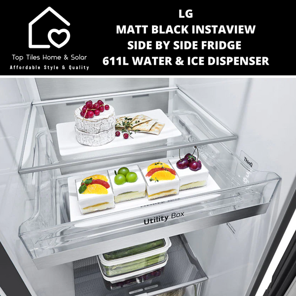 LG Matt Black InstaView Side by Side Fridge - 611L Water & Ice Dispenser