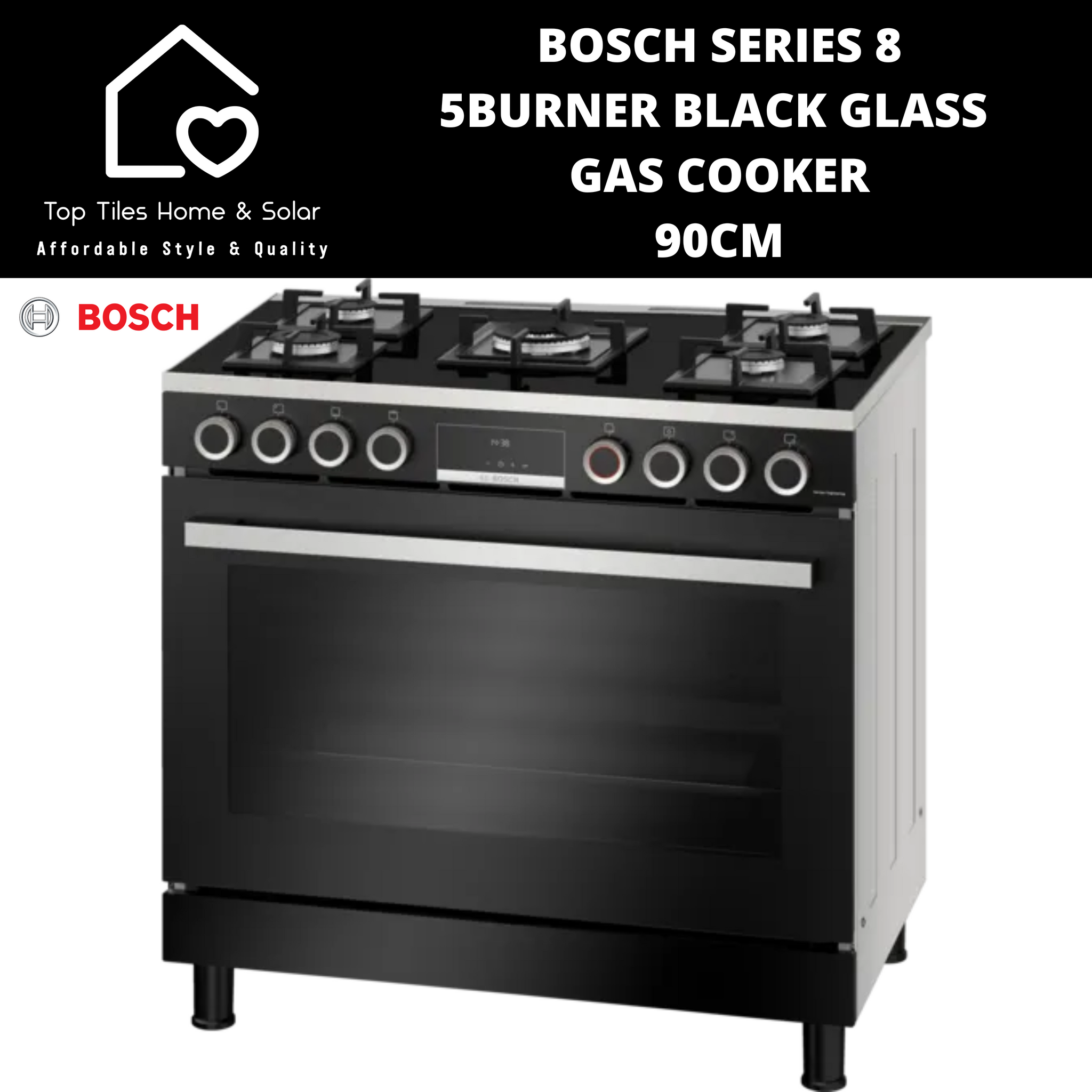 Bosch Series 8 5Burner Black Glass Gas Cooker 90cm Top Tiles