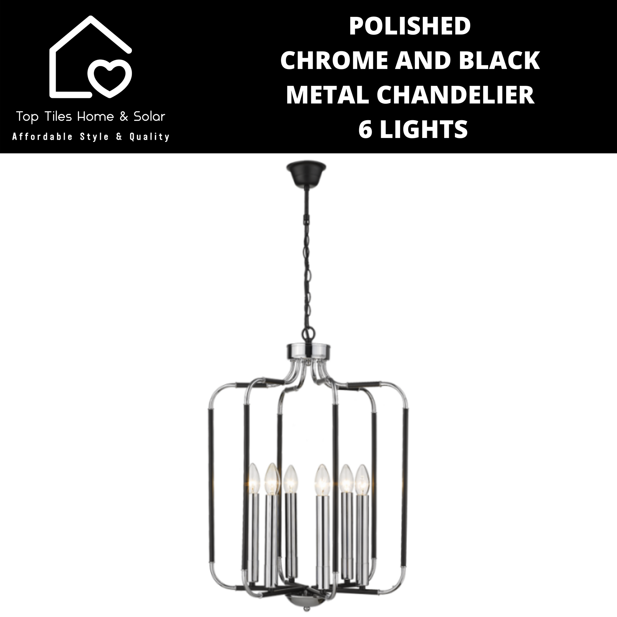Polished Chrome And Black Metal Chandelier - 6 Lights