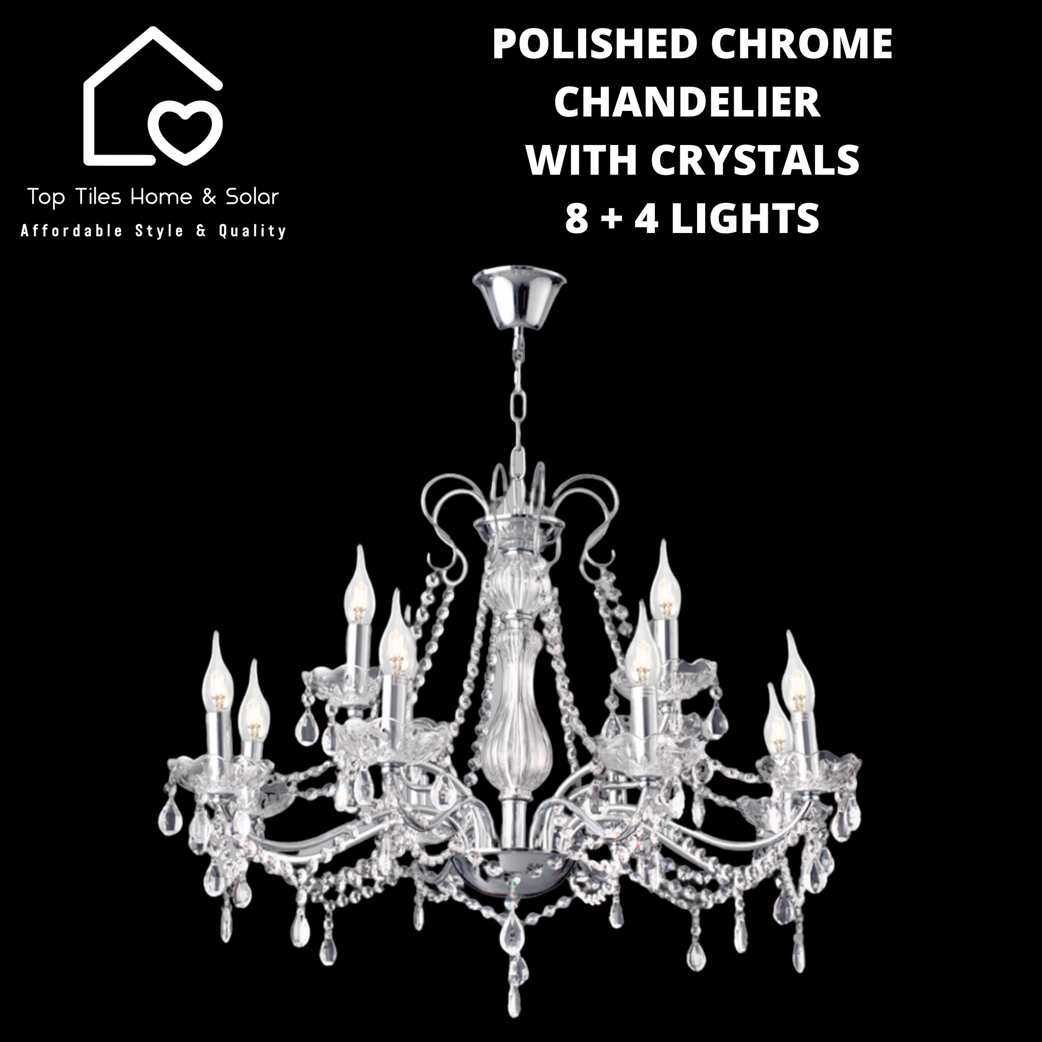 Polished Chrome Chandelier with Crystals - 8 + 4 Lights