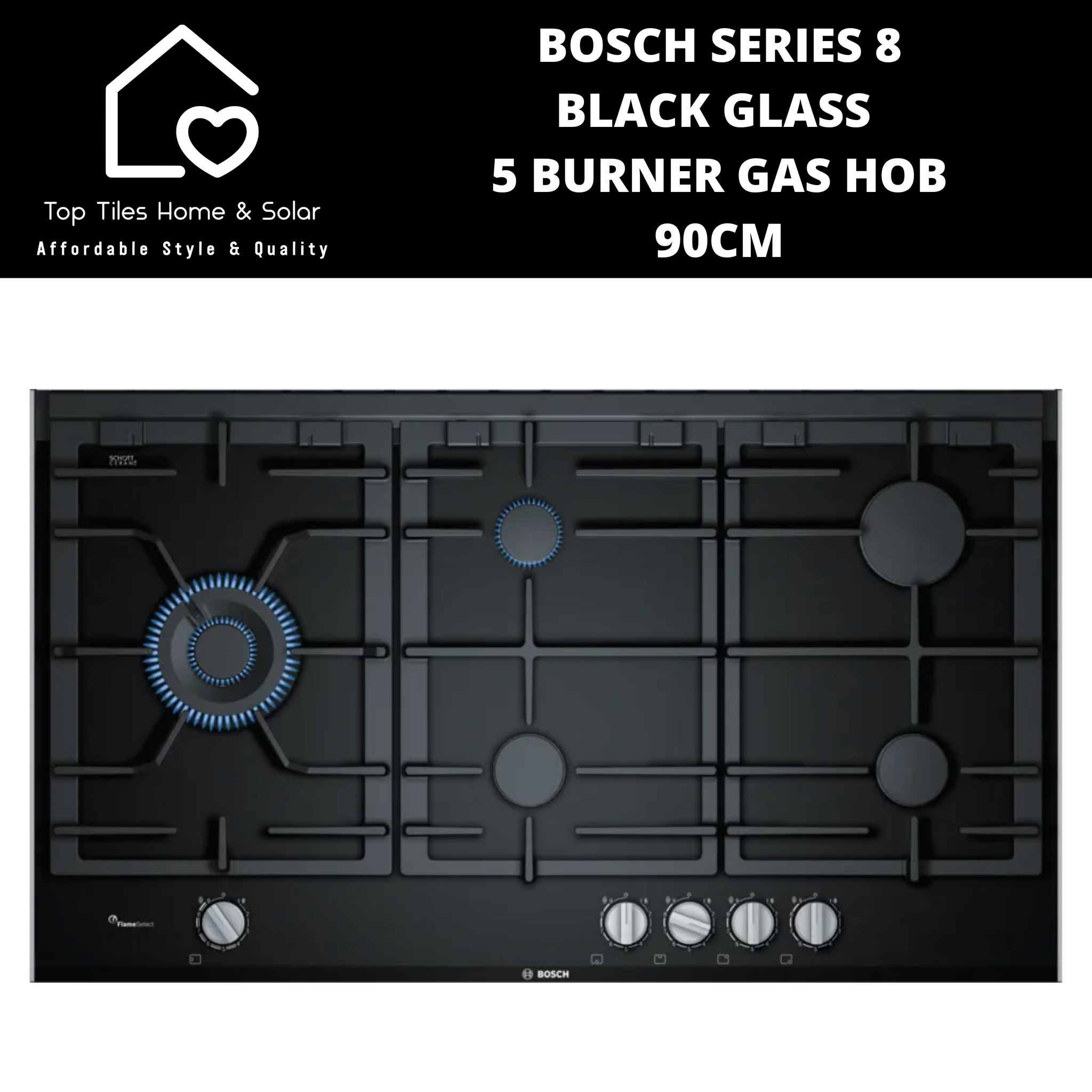Bosch Series 8 Black Glass 5 Burner Gas Hob 90cm Top Tiles
