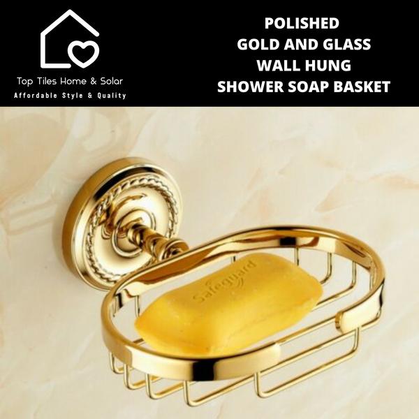 Polished Gold And Glass Wall Hung Shower Soap Basket