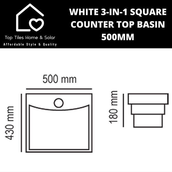 White 3-In-1 Square Counter Top Basin - 500mm