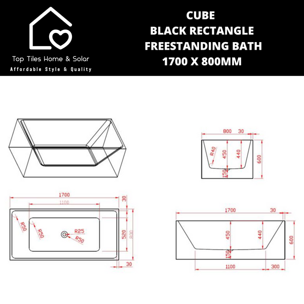 Cube Black Rectangle Freestanding Bath - 1700 x 800mm