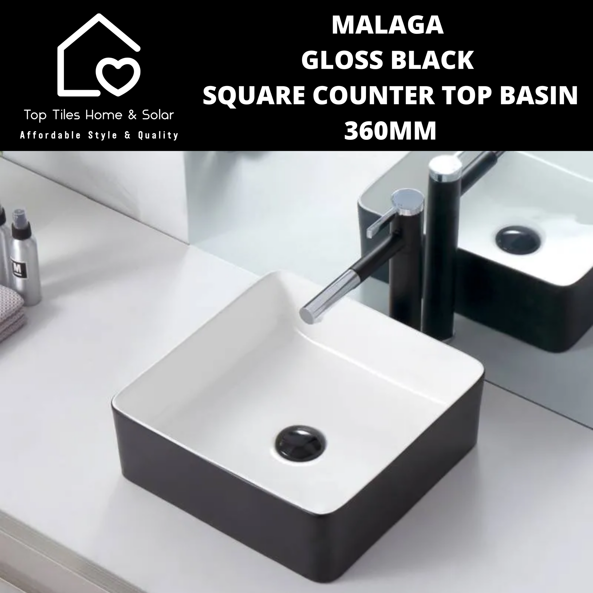 Malaga Gloss Black Square Counter Top Basin - 360mm