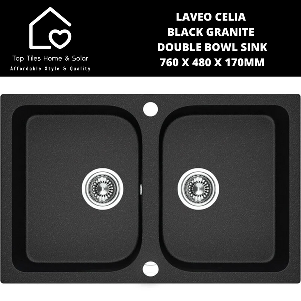 Laveo Celia Black Granite Double Bowl Sink - 760 x 480 x 170mm