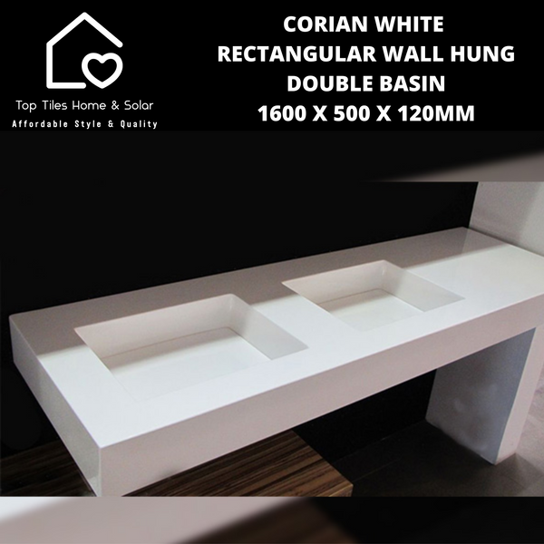 Corian White Rectangular Wall Hung Double Basin - 1600 x 500 x 120mm