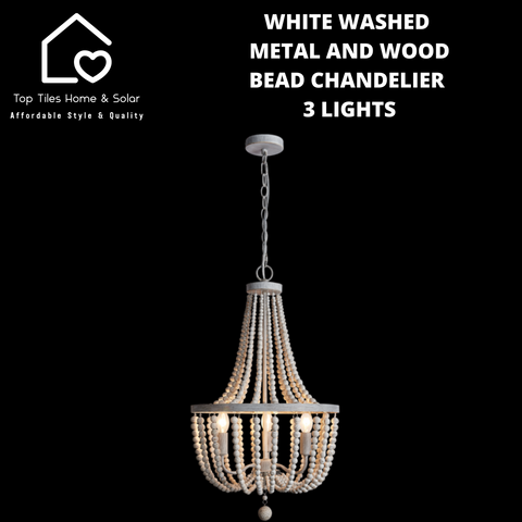 White Washed Metal and Wood Bead Chandelier - 3 Lights