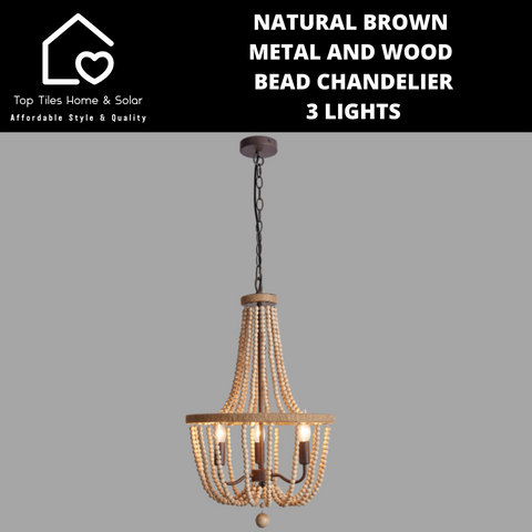 Natural Brown Metal and Wood Bead Chandelier - 3 Lights