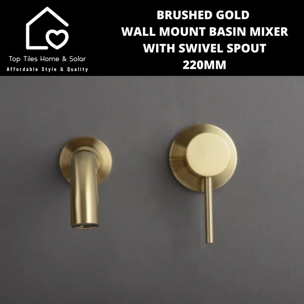 Brushed Gold Wall Mount Basin Mixer With Swivel Spout - 200mm