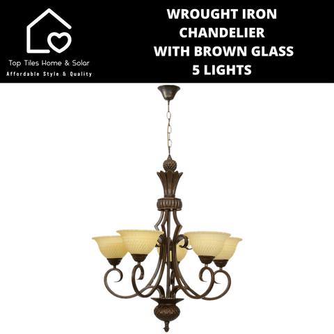 Wrought Iron Chandelier with Brown Glass - 5 Lights