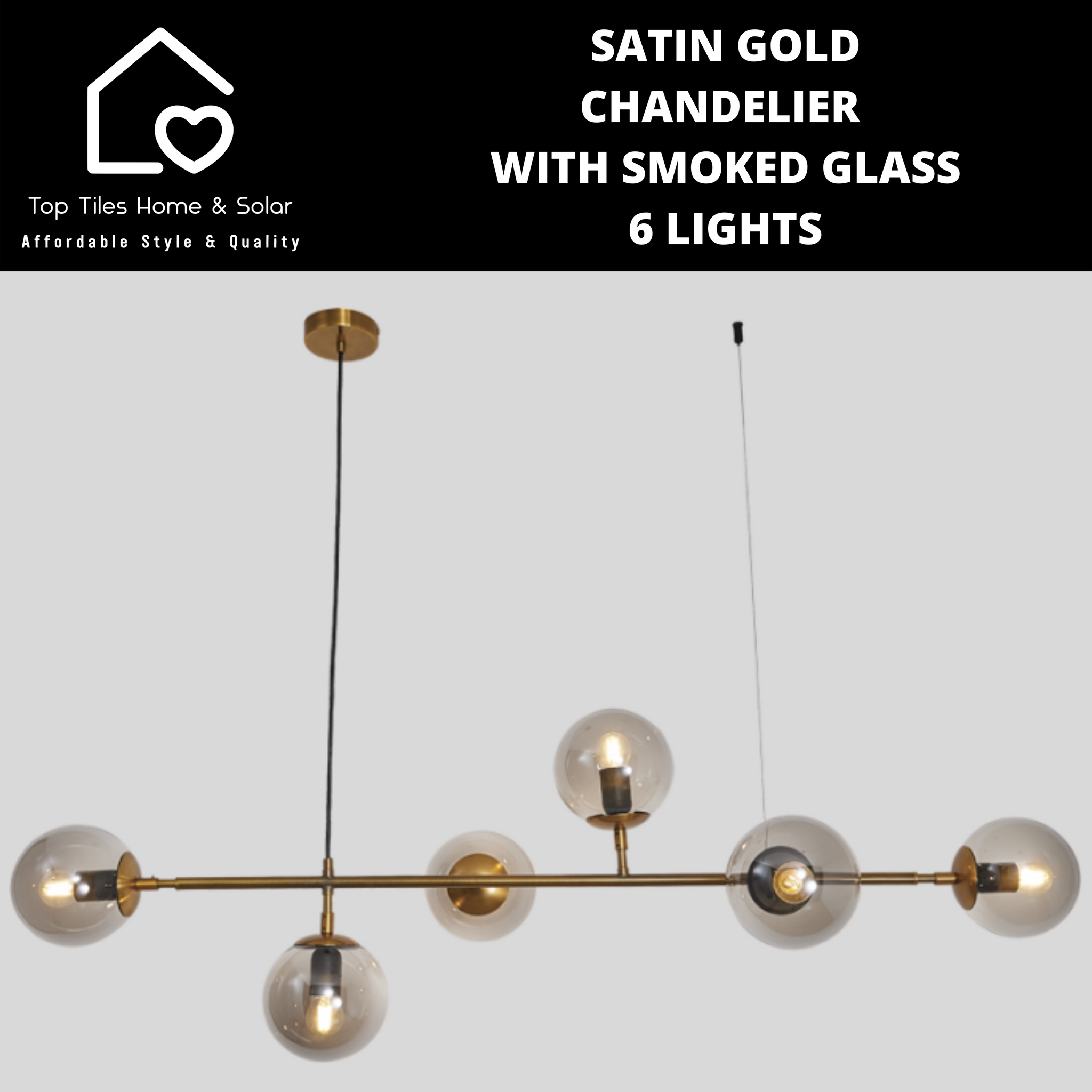 Satin Gold Chandelier with Smoked Glass - 6 Lights
