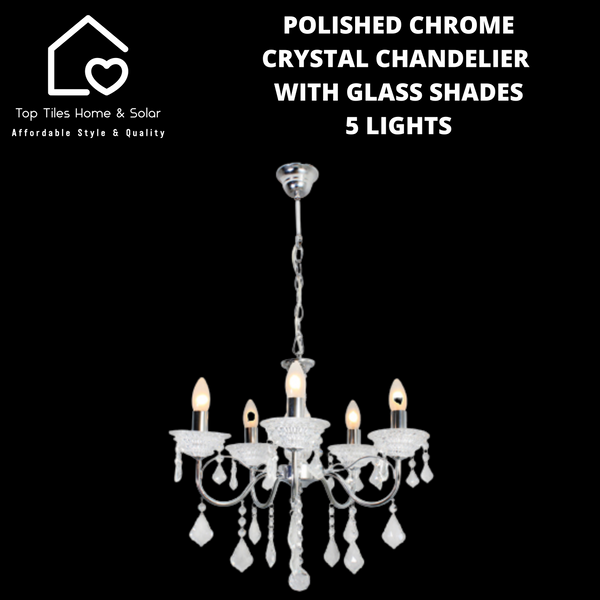 Polished Chrome Crystal Chandelier with Glass Shades - 5 Lights