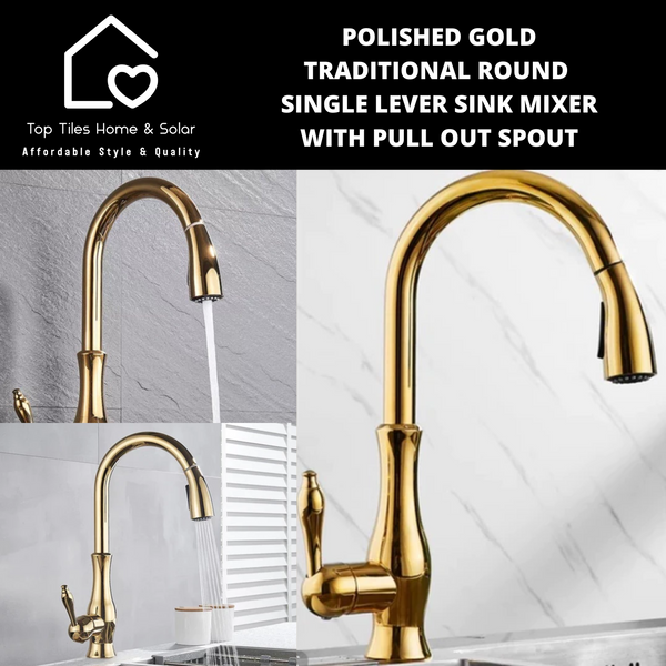 Polished Gold Traditional Round Single Lever Sink Mixer with Pull Out Spout