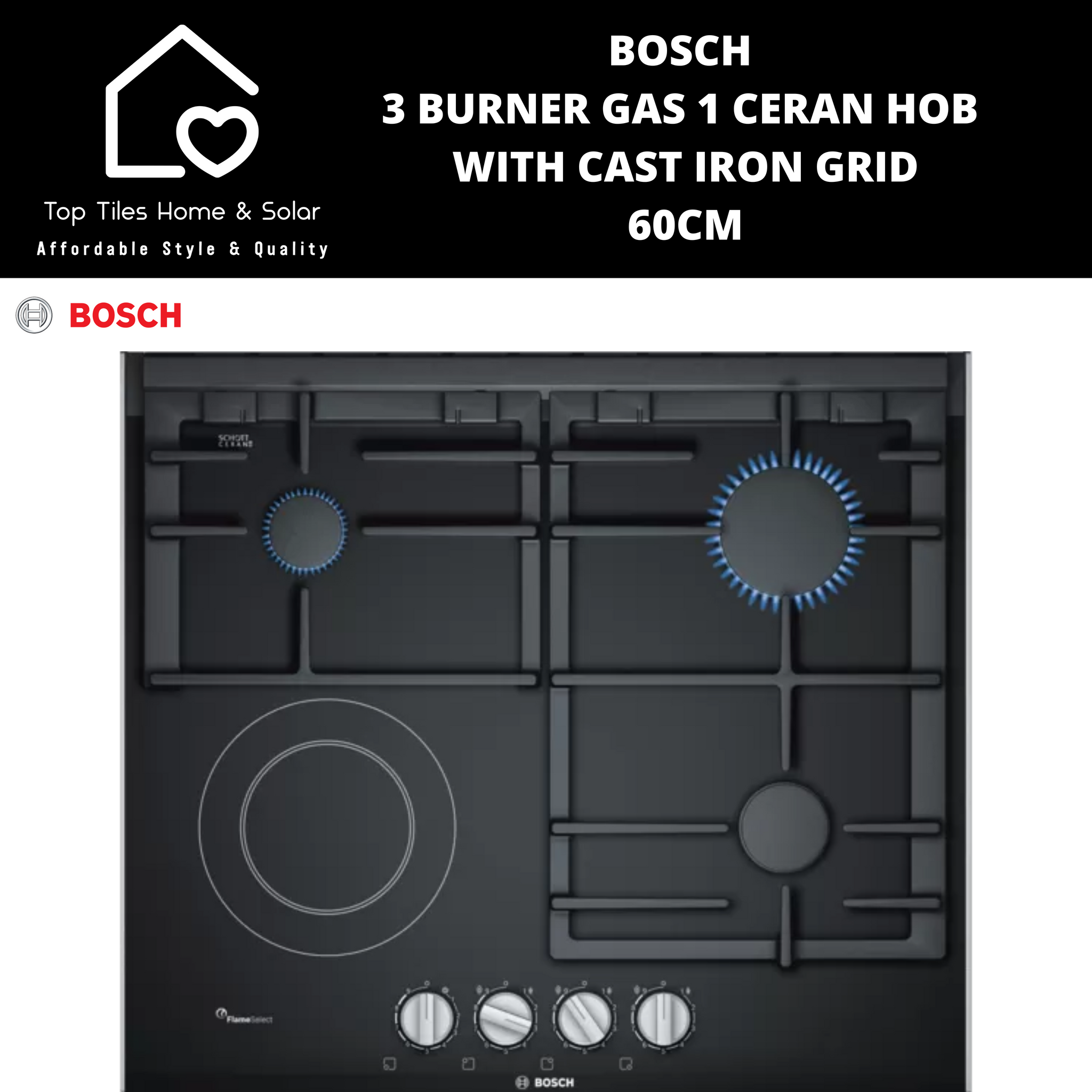 Bosch Series 8 3 Burner Gas 1 Ceran Hob with Cast Iron Grid