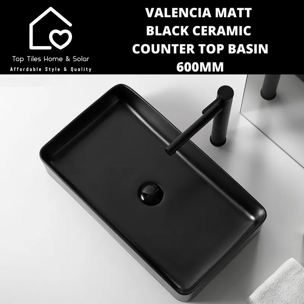 Valencia Matt Black Ceramic Counter Top Basin - 600mm