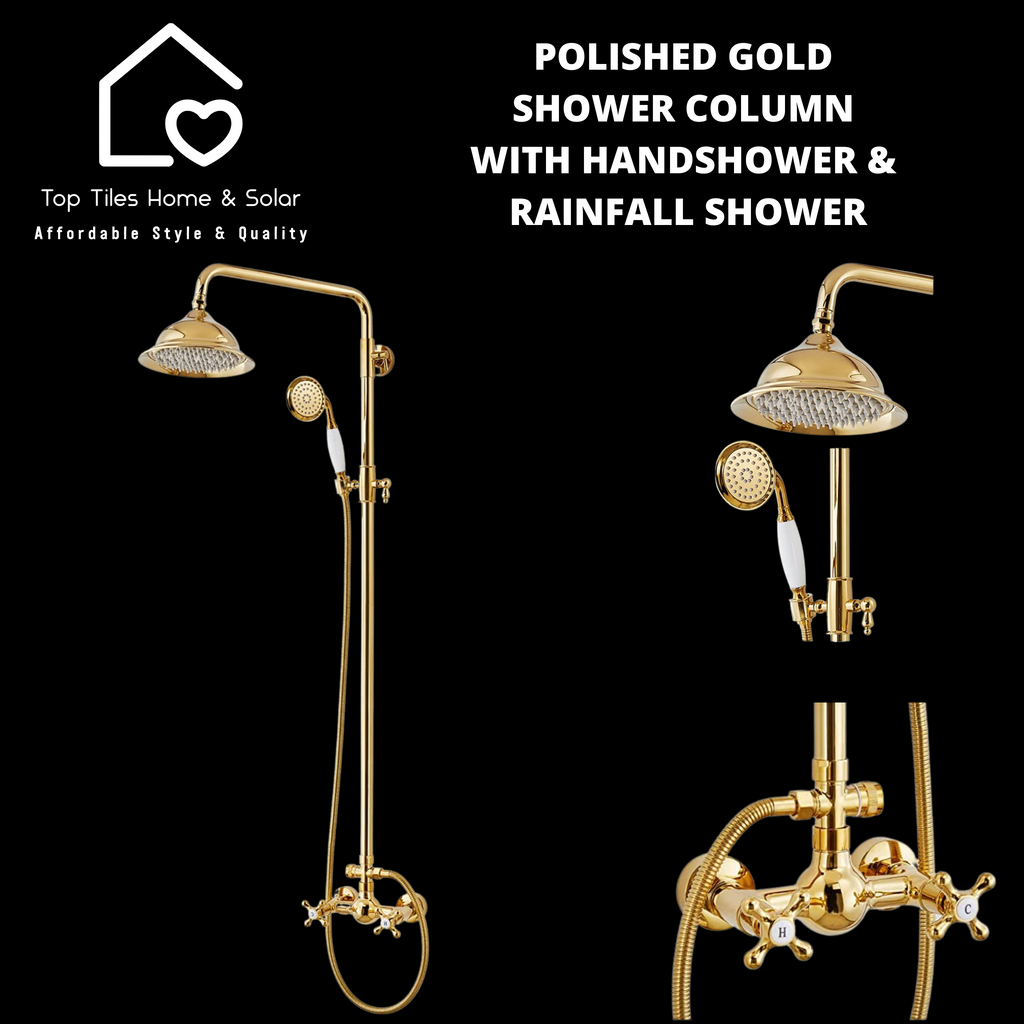 Gold Shower Column Roca Polished Gold Shower Column With Handshower & Rainfall Shower – Top ...
