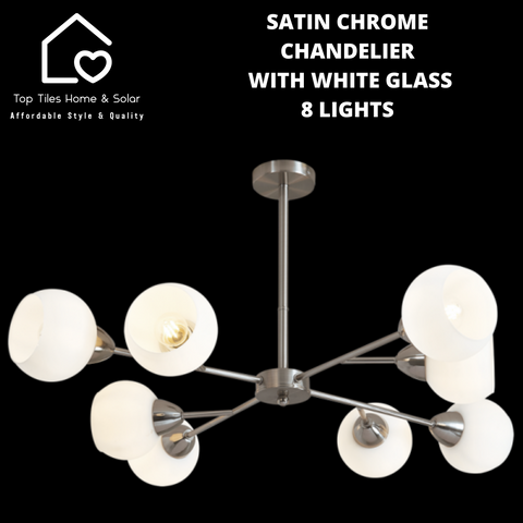 Satin Chrome Chandelier with White Glass - 8 Lights
