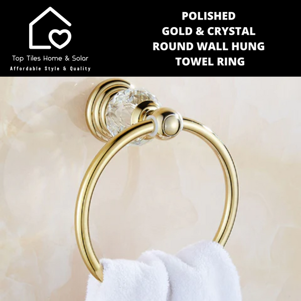Polished Gold & Crystal Round Wall Hung Towel Ring