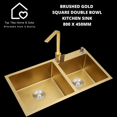 Brushed Gold Square Double Bowl Kitchen Sink - 800 x 450mm