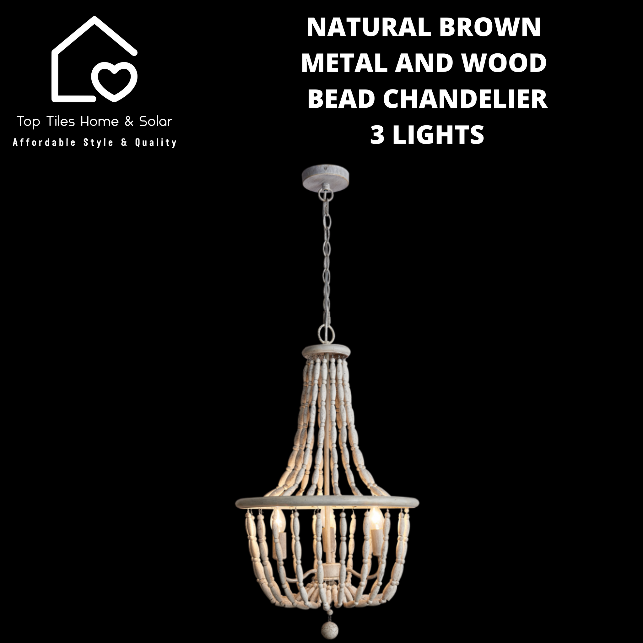 Natural Brown Metal and Wood Bead Chandelier - 3 Lights