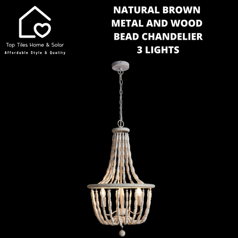 Natural Brown Metal and Wood Bead Chandelier - 3 Lights