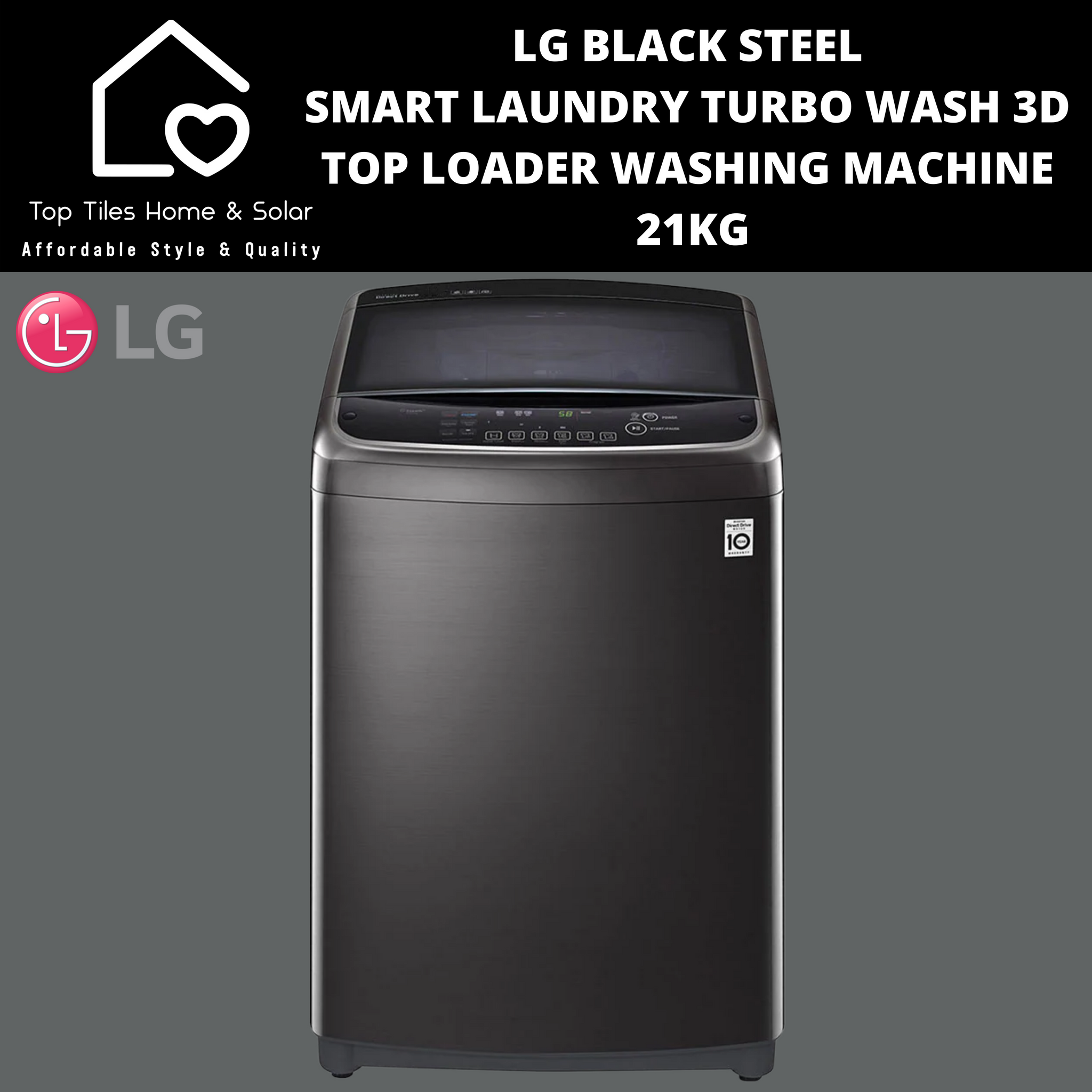 LG Black Steel Smart Laundry Turbo Wash 3D Top Loader Washing