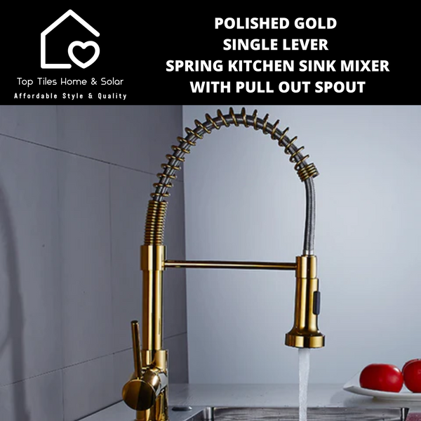 Polished Gold Single Lever Spring Kitchen Sink Mixer with Pull Out Spout