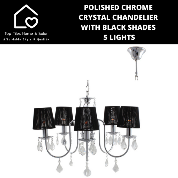 Polished Chrome Crystal Chandelier with Black Shades - 5 Lights