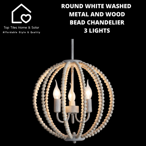 Round White Washed Metal and Wood Bead Chandelier - 3 Lights