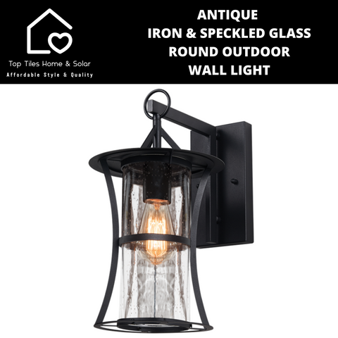 Antique Round Iron & Speckled Glass Outdoor Wall Light