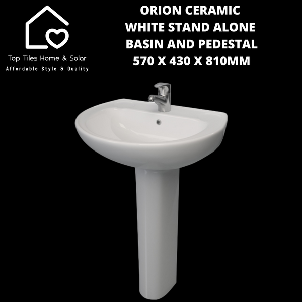 Orion Ceramic White Stand Alone Basin And Pedestal - 570 x 430 x 810mm