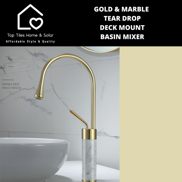 Gold & Marble Tear Drop Deck Mount Basin Mixer