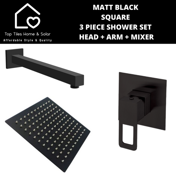 Matt Black Square 3 Piece Shower Set - Head-Arm-Mixer