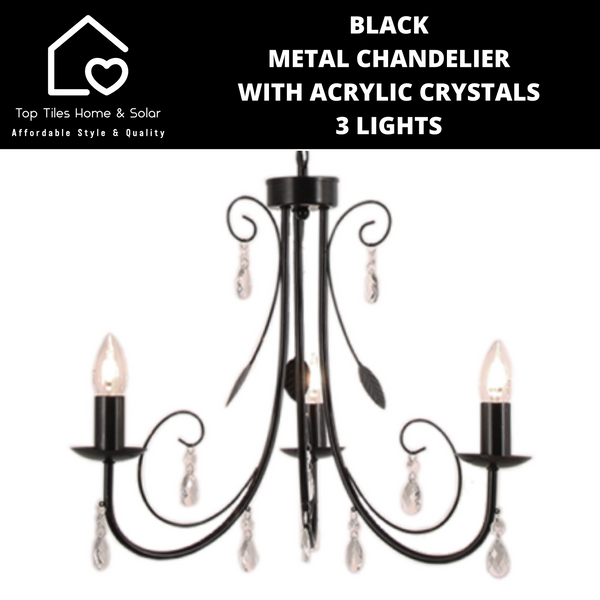 Black Metal Chandelier With Acrylic Crystals - 3 Lights
