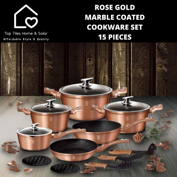 Rose Gold Marble Coated Cookware Set - 15 Pieces