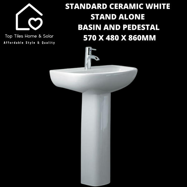Standard Ceramic White Stand Alone Basin And Pedestal - 570 x 480 x 860mm