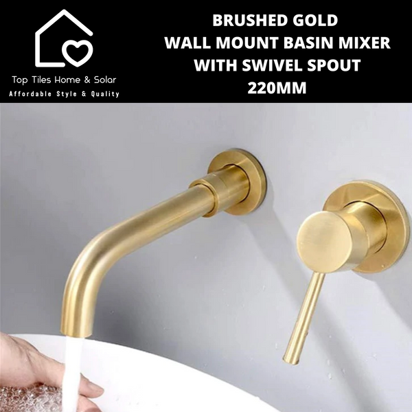 Brushed Gold Wall Mount Basin Mixer With Swivel Spout - 200mm