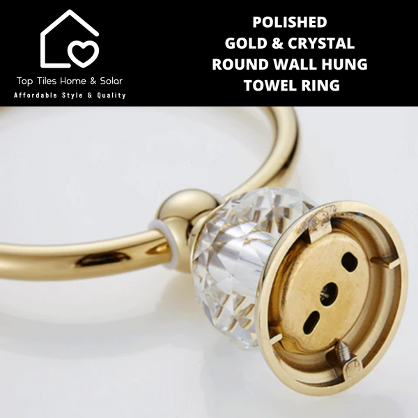 Polished Gold & Crystal Round Wall Hung Towel Ring