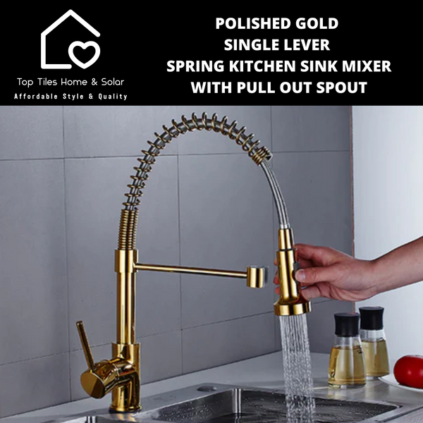 Polished Gold Single Lever Spring Kitchen Sink Mixer with Pull Out Spout