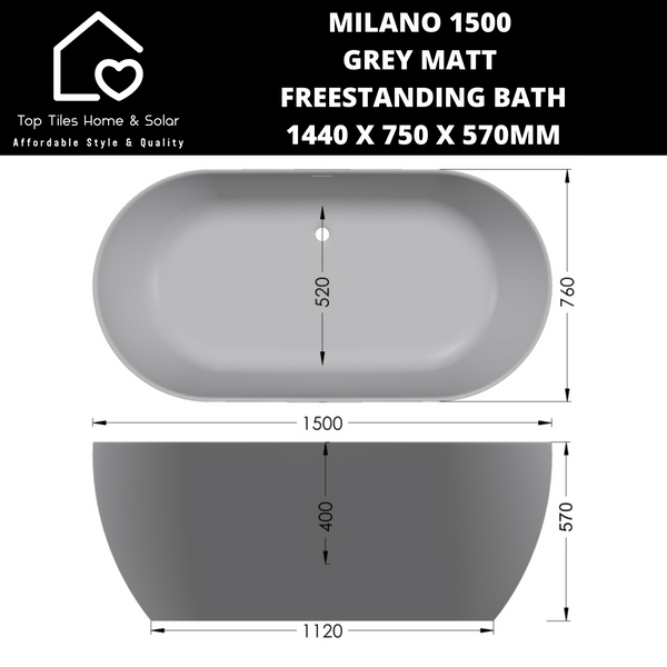 Milano 1500 Grey Matt Freestanding Bath - 1440 x 750 x 570mm