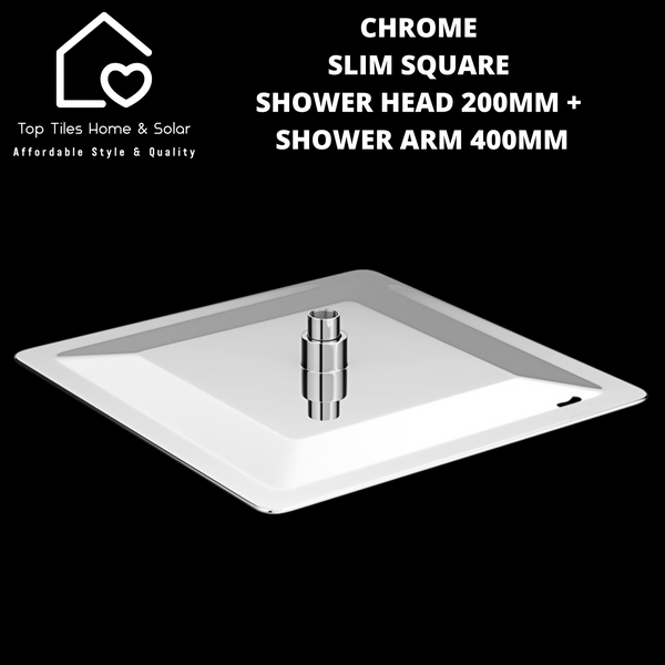 Chrome Slim Square Shower Head 200mm + Arm 400mm