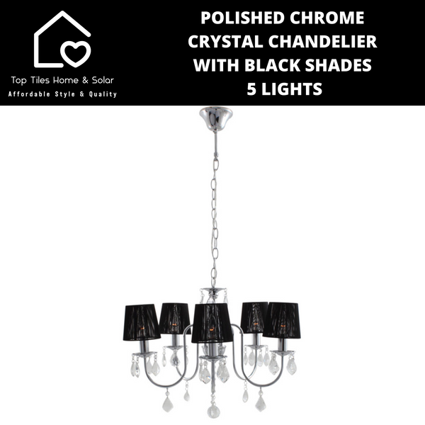 Polished Chrome Crystal Chandelier with Black Shades - 5 Lights