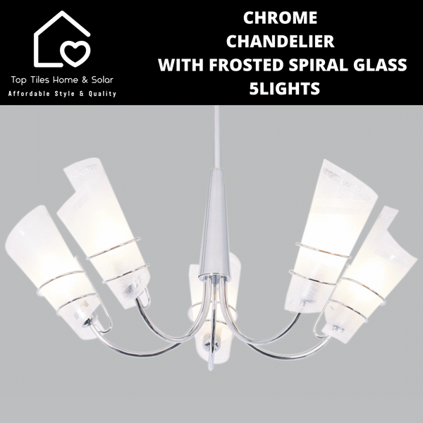 Chrome Chandelier With Frosted Spiral Glass - 5 Lights